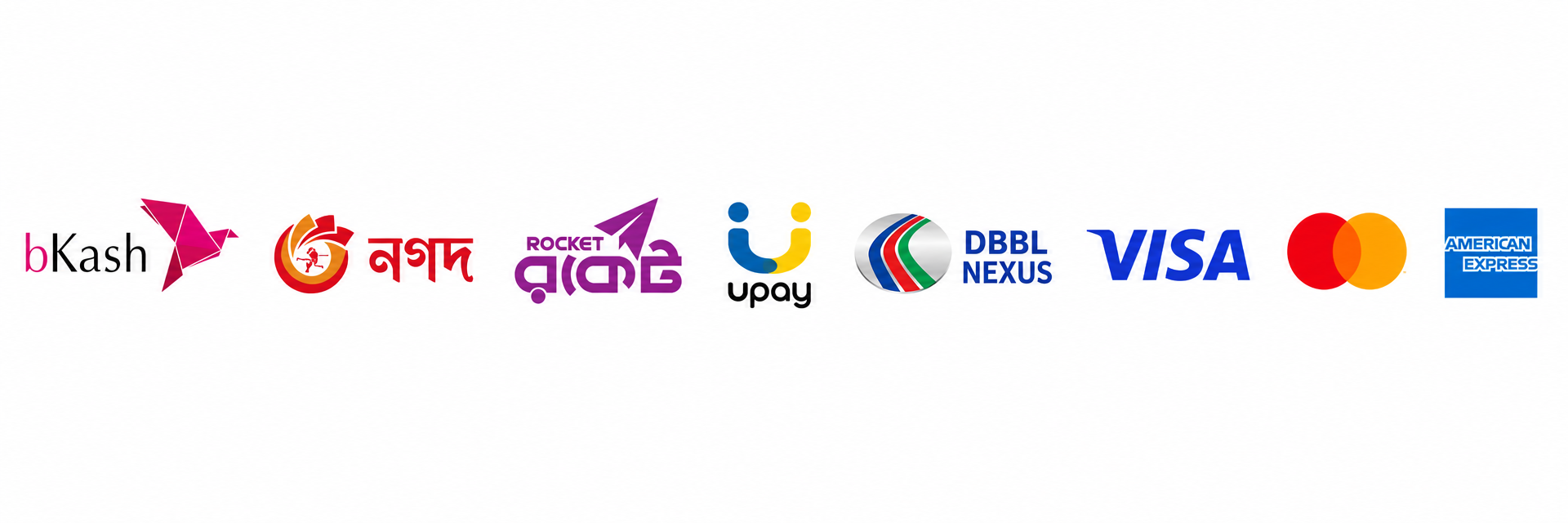 bKash, Nagad, Rocket, Upay, Visa, Mastercard, Amex, DBBL